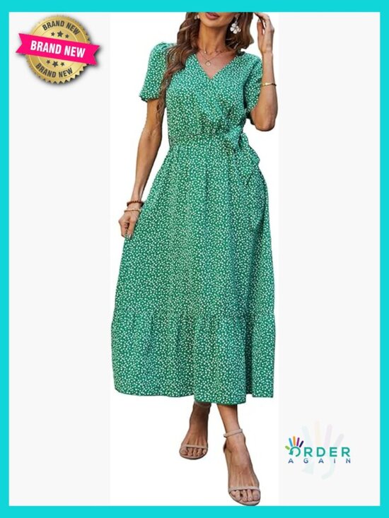 Dresses & Skirts - Boho Floral Maxi Dress Wrap V Neck Ruffle Short Sleeve Flowy Beach Wedding Guest